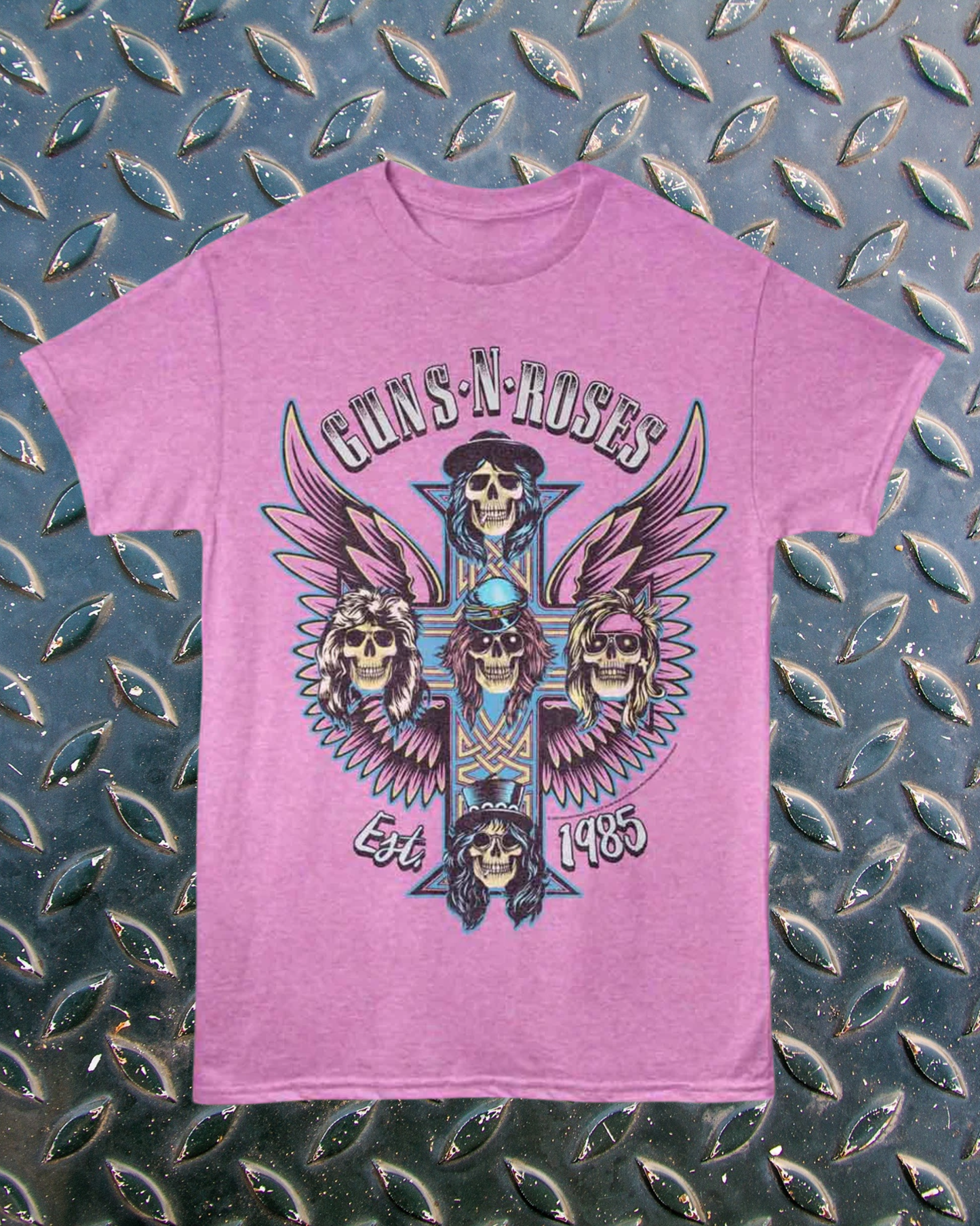 Guns N Roses Cross Tee - Neon Purple Heather