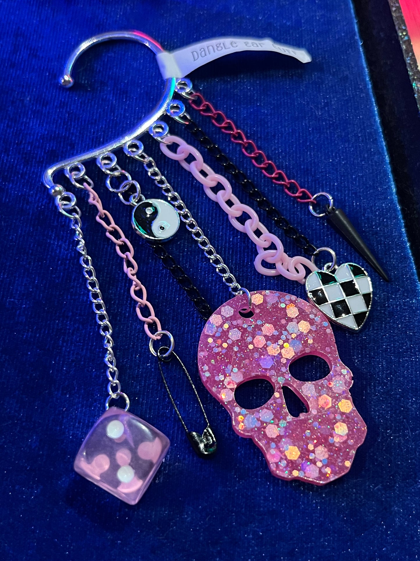 Ear Cuff Single with Pink Skull, Dice, Yin Yang