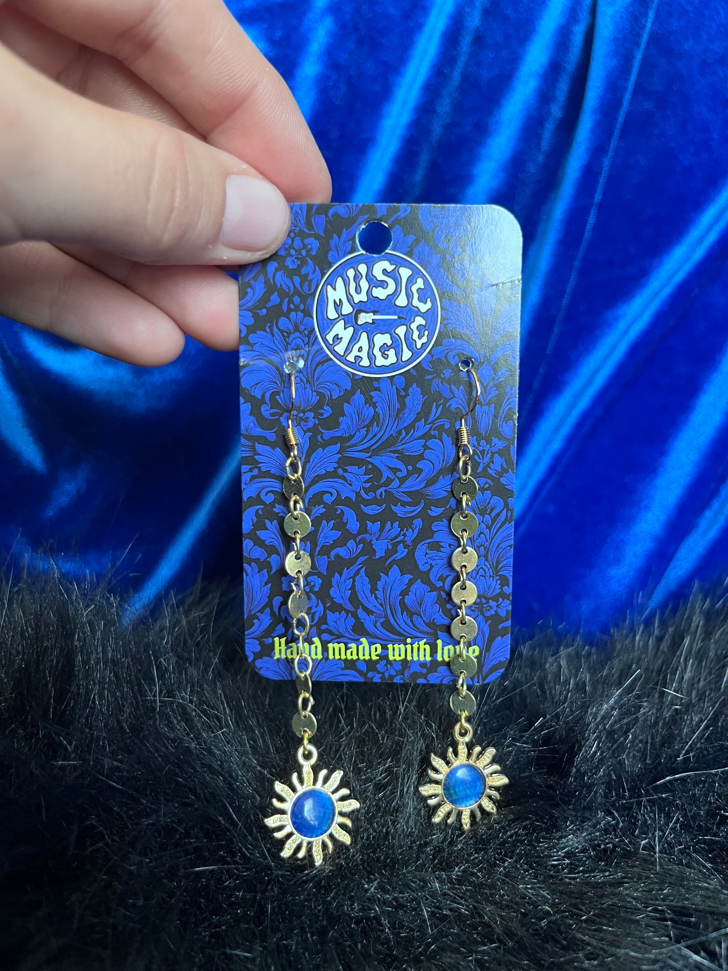 Sun Chain Dangle Earrings - Gold and Blue