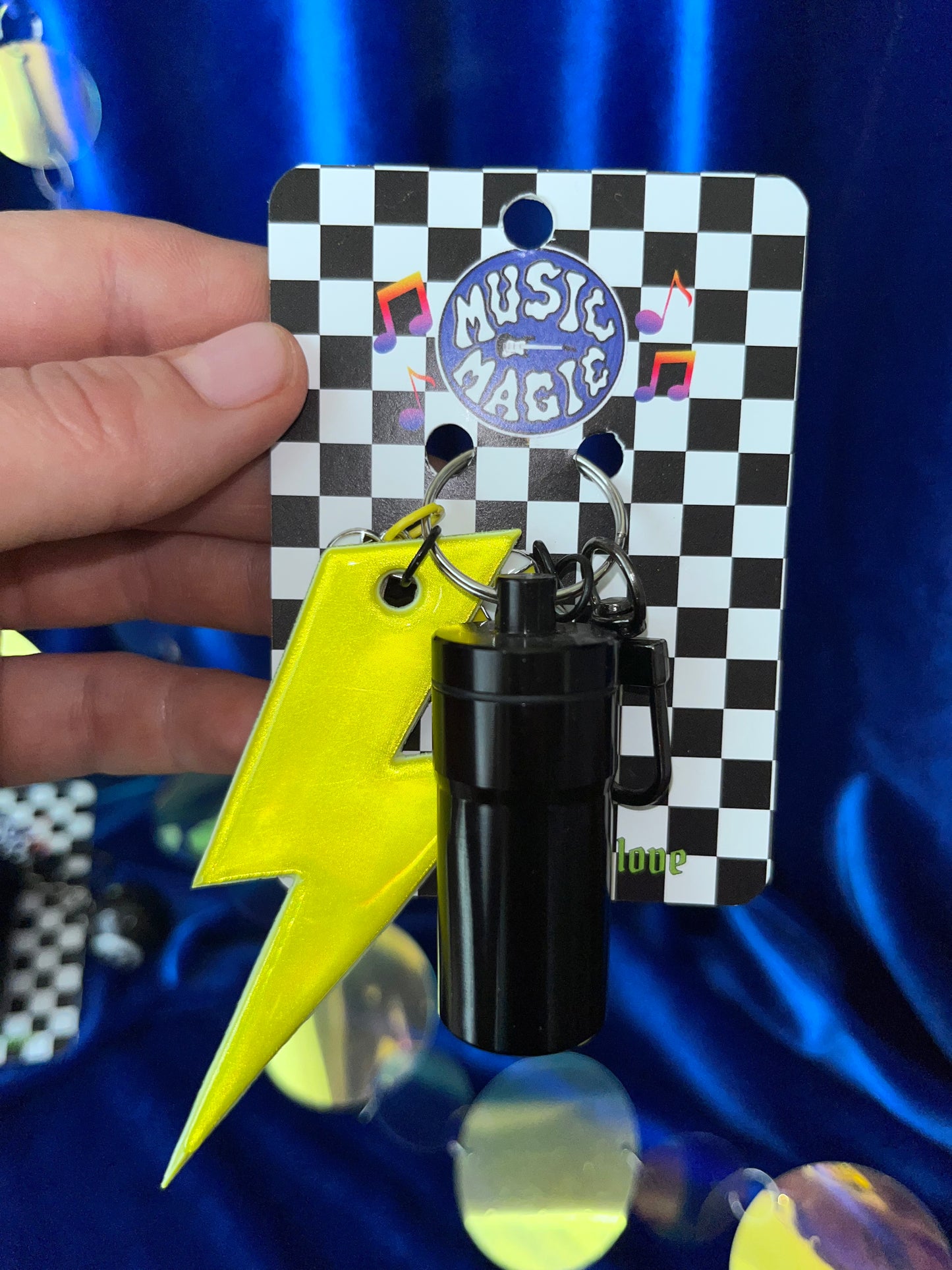 Cannister Keychain - Black with Yellow Reflector Bolt