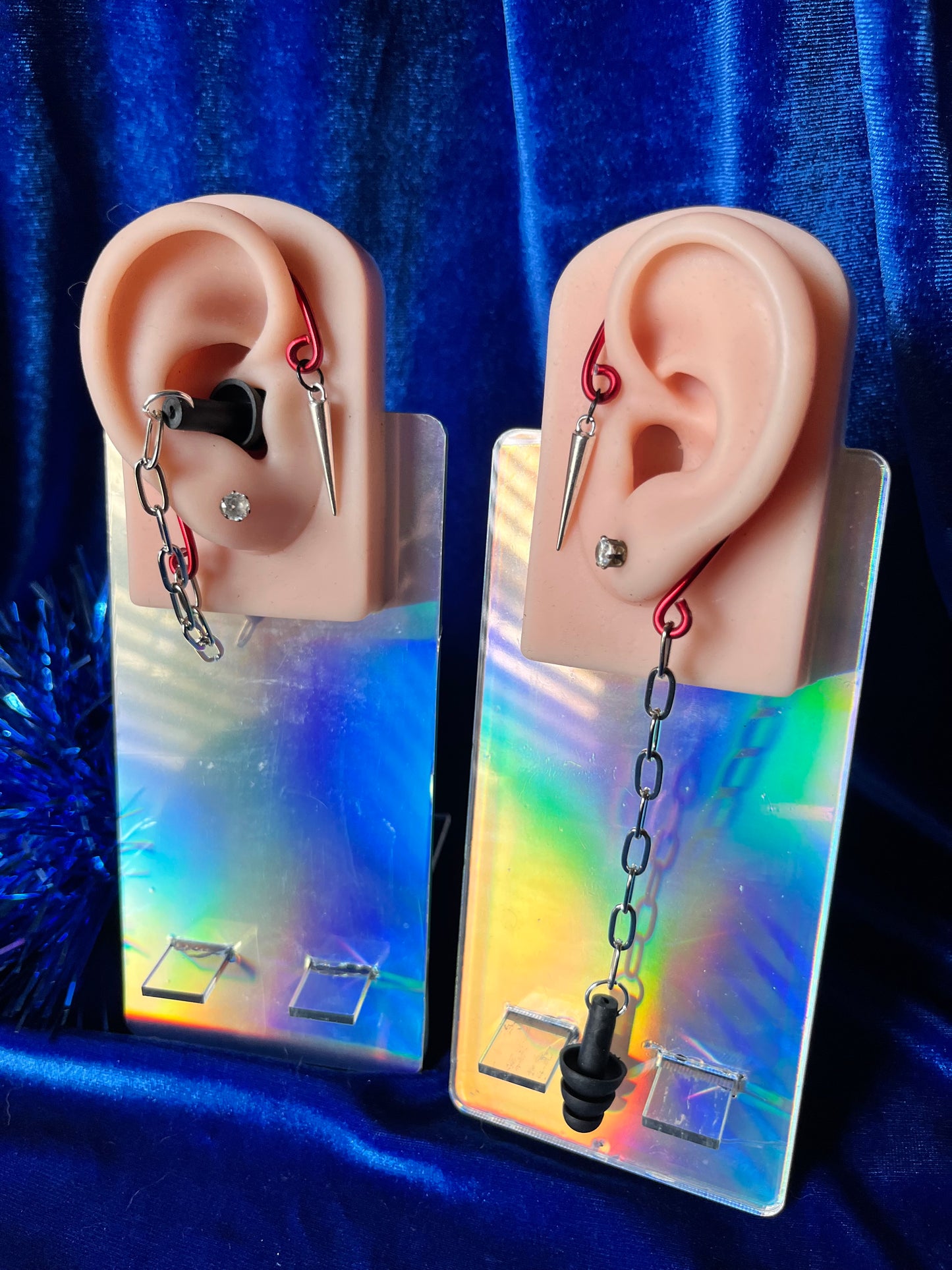 Red Ear Plug Ear Cuff Set - Silver Spike