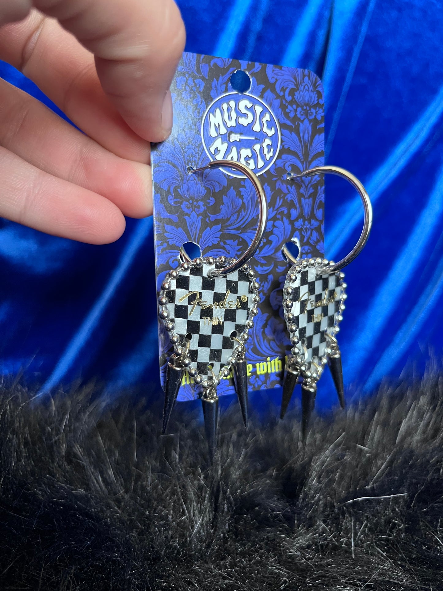 Checker Guitar Pick Spike Hoop Earrings