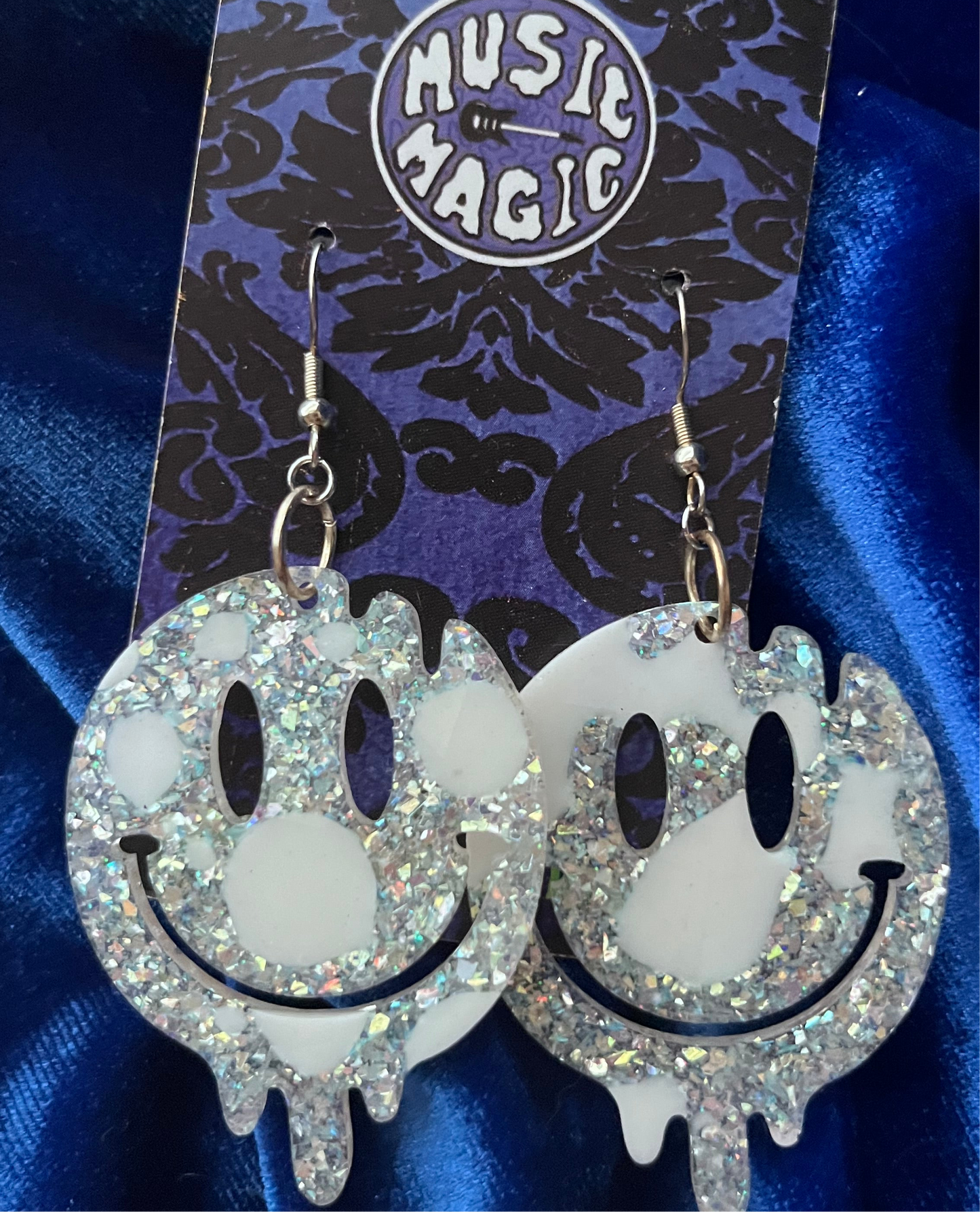 Drippy Smiley Face Earrings- Silver Cow Print