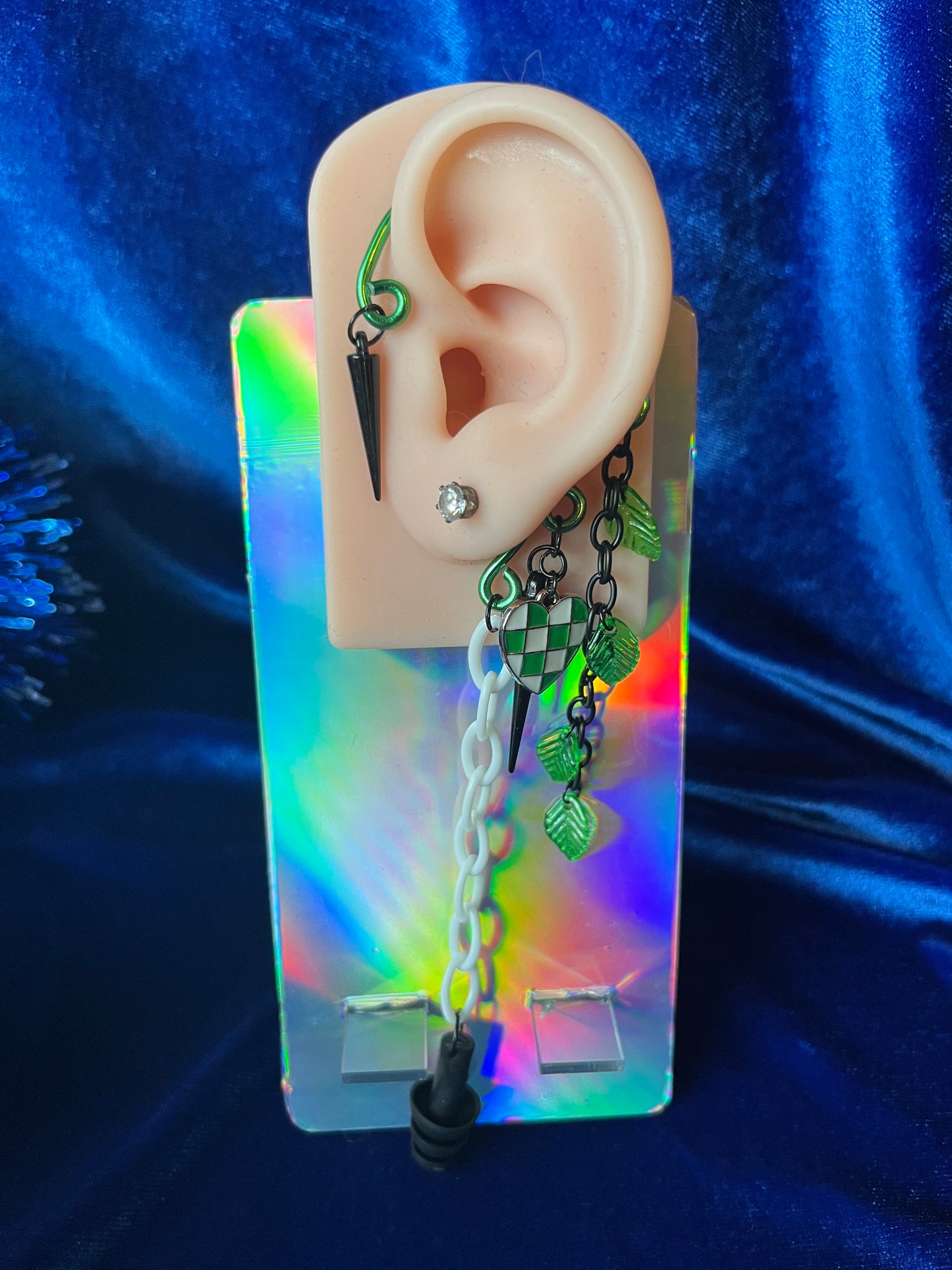 Ear Plug Ear Cuff Set - Green Checker Heart