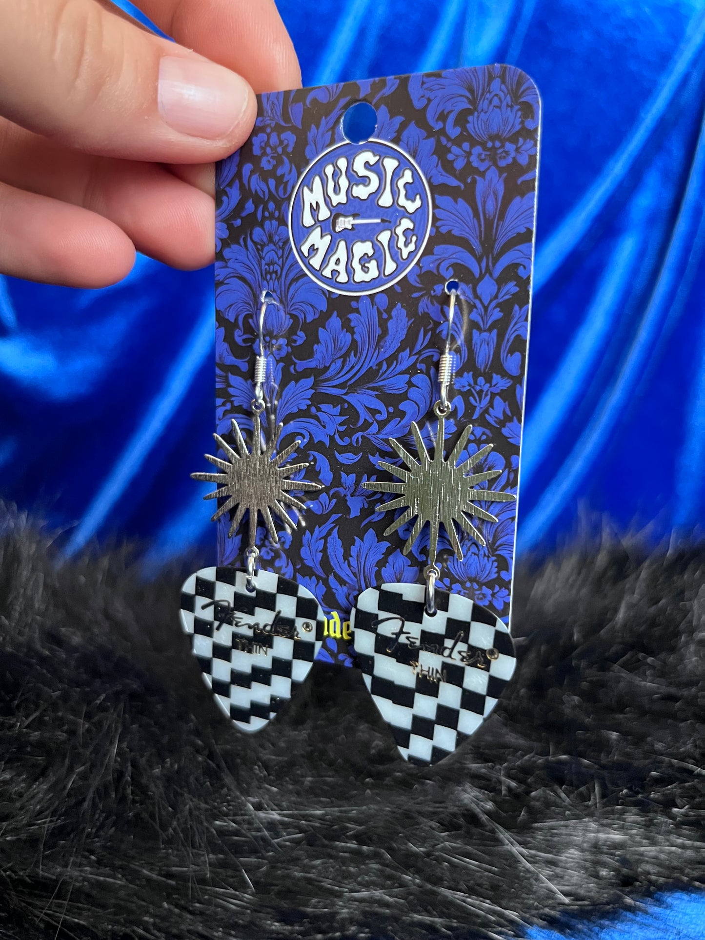 Checker Guitar Pick Starburst Earrings - Silver