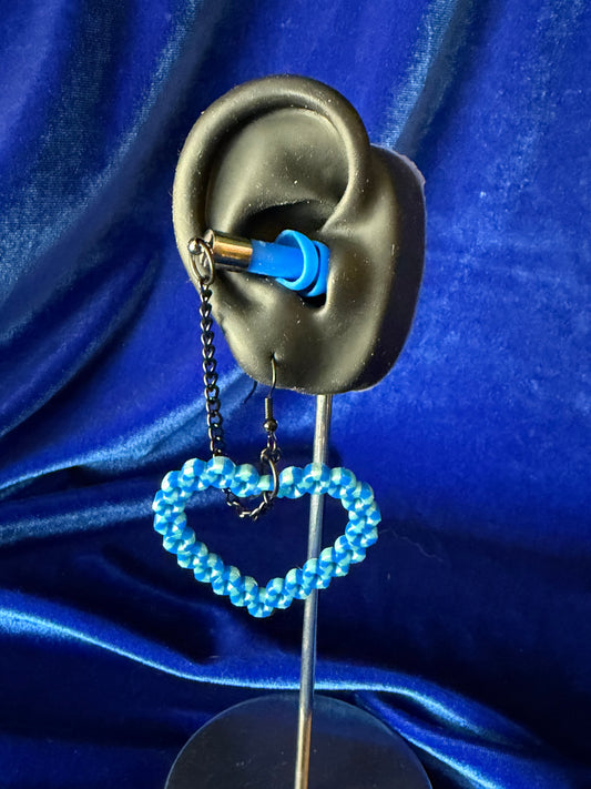 Ear Plug Earrings - Blue Heart with Gunmetal Chain