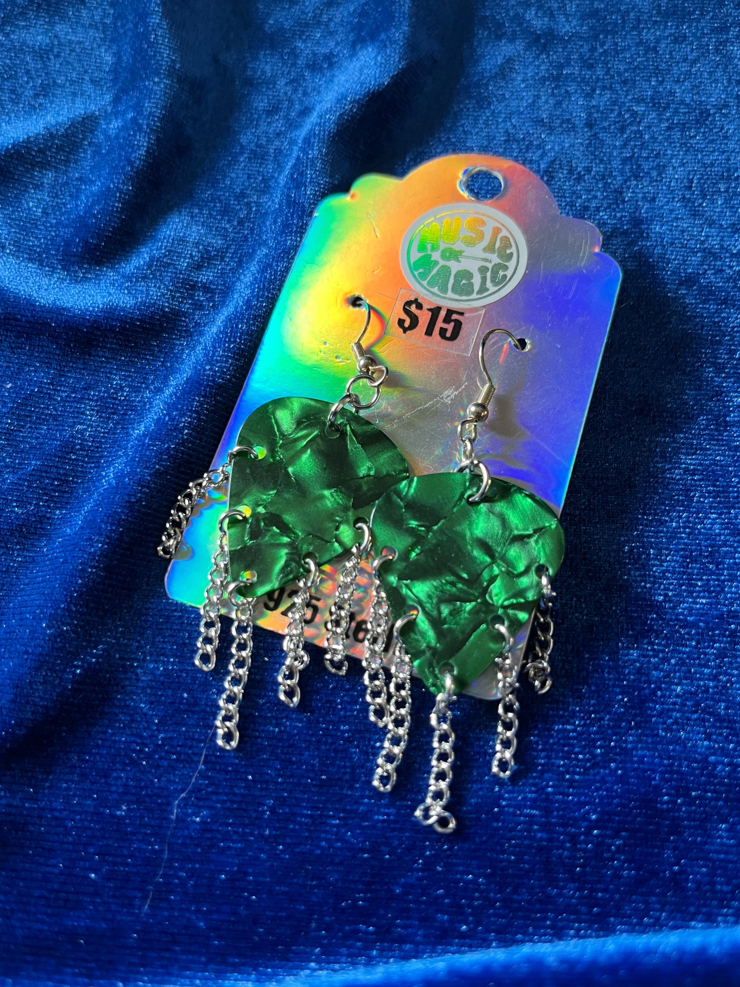 Green Guitar Pick and Chain Earrings