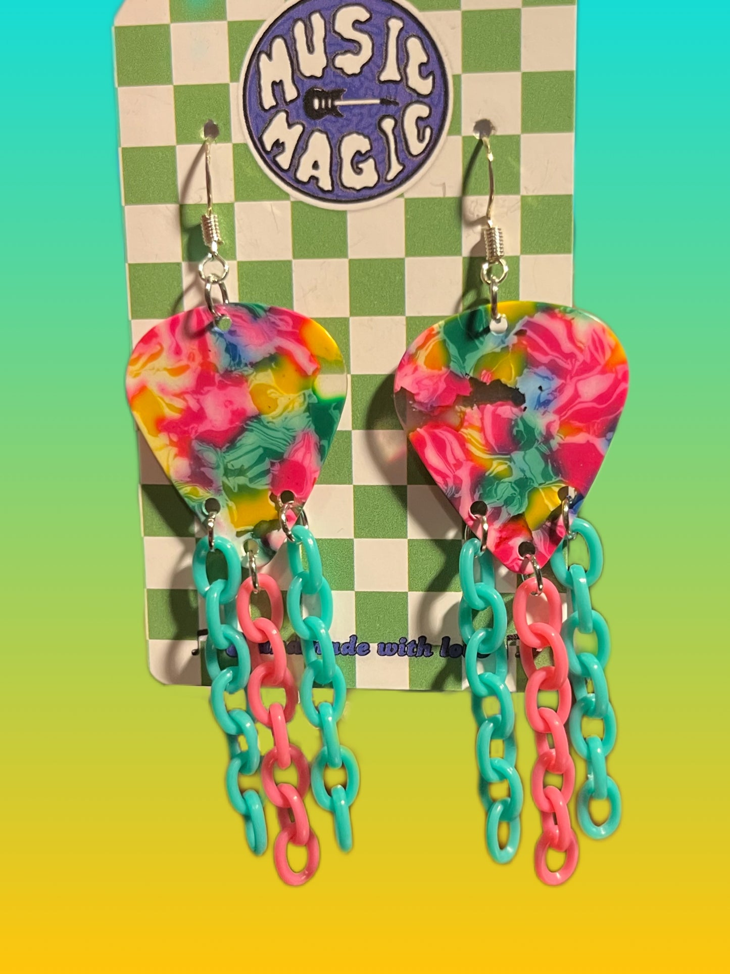 Rainbow Guitar Pick and Chain Earrings