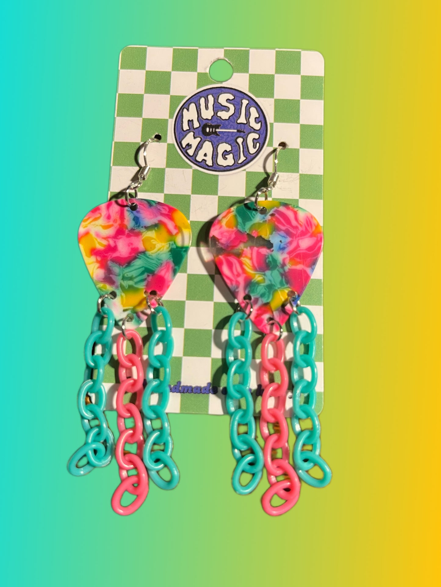 Rainbow Guitar Pick and Chain Earrings