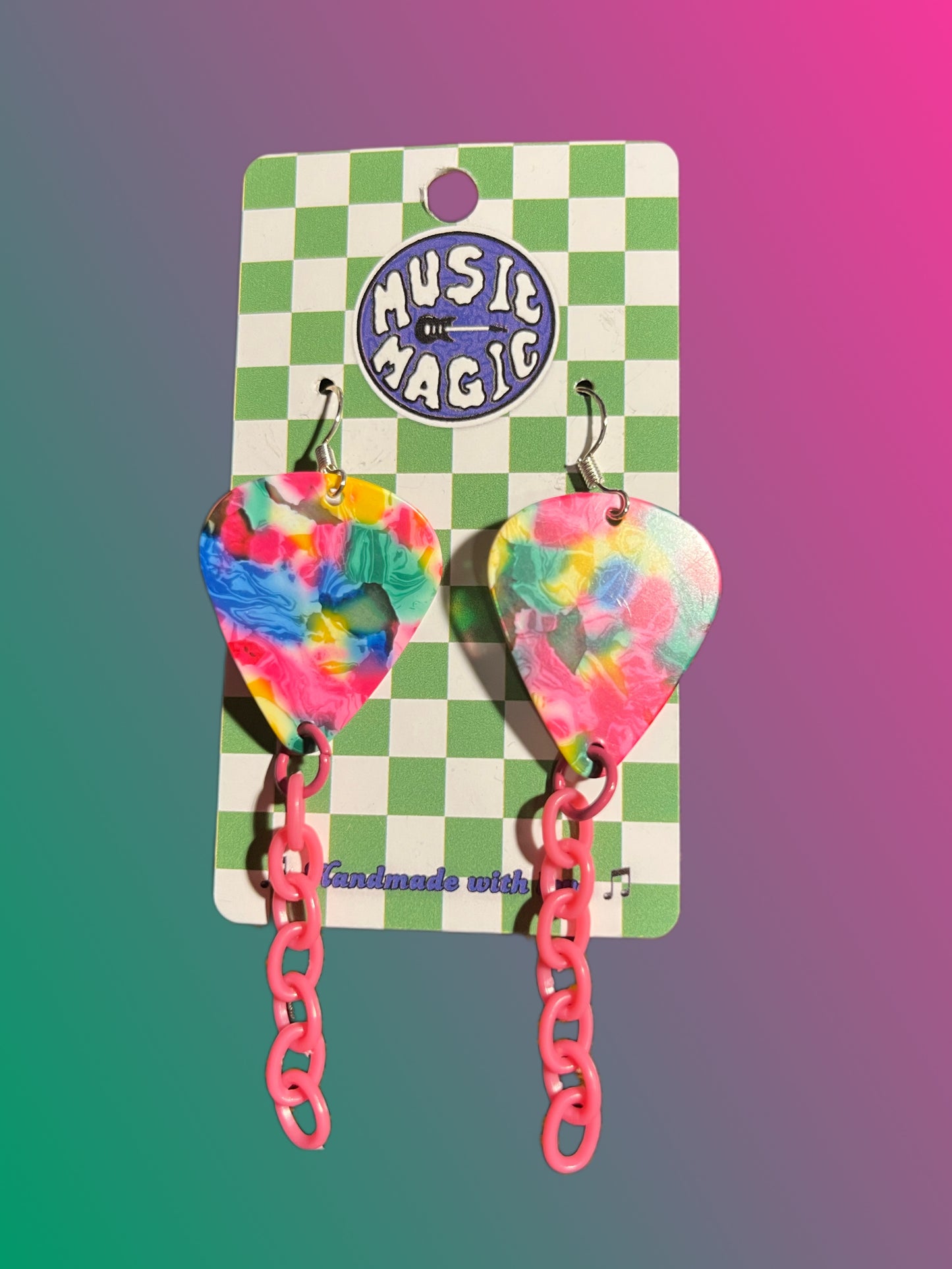Rainbow Guitar Pick and Chain Earrings