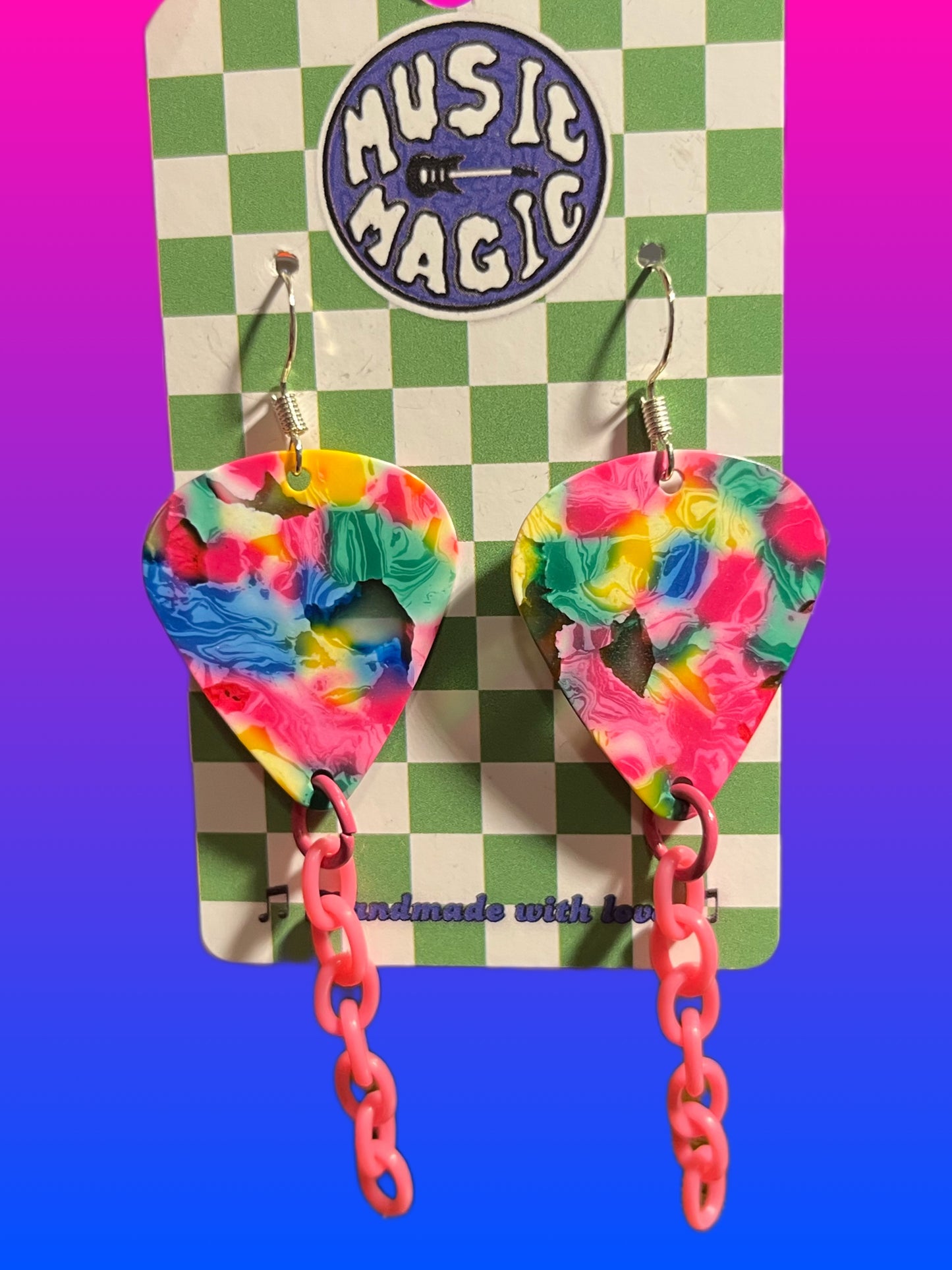 Rainbow Guitar Pick and Chain Earrings