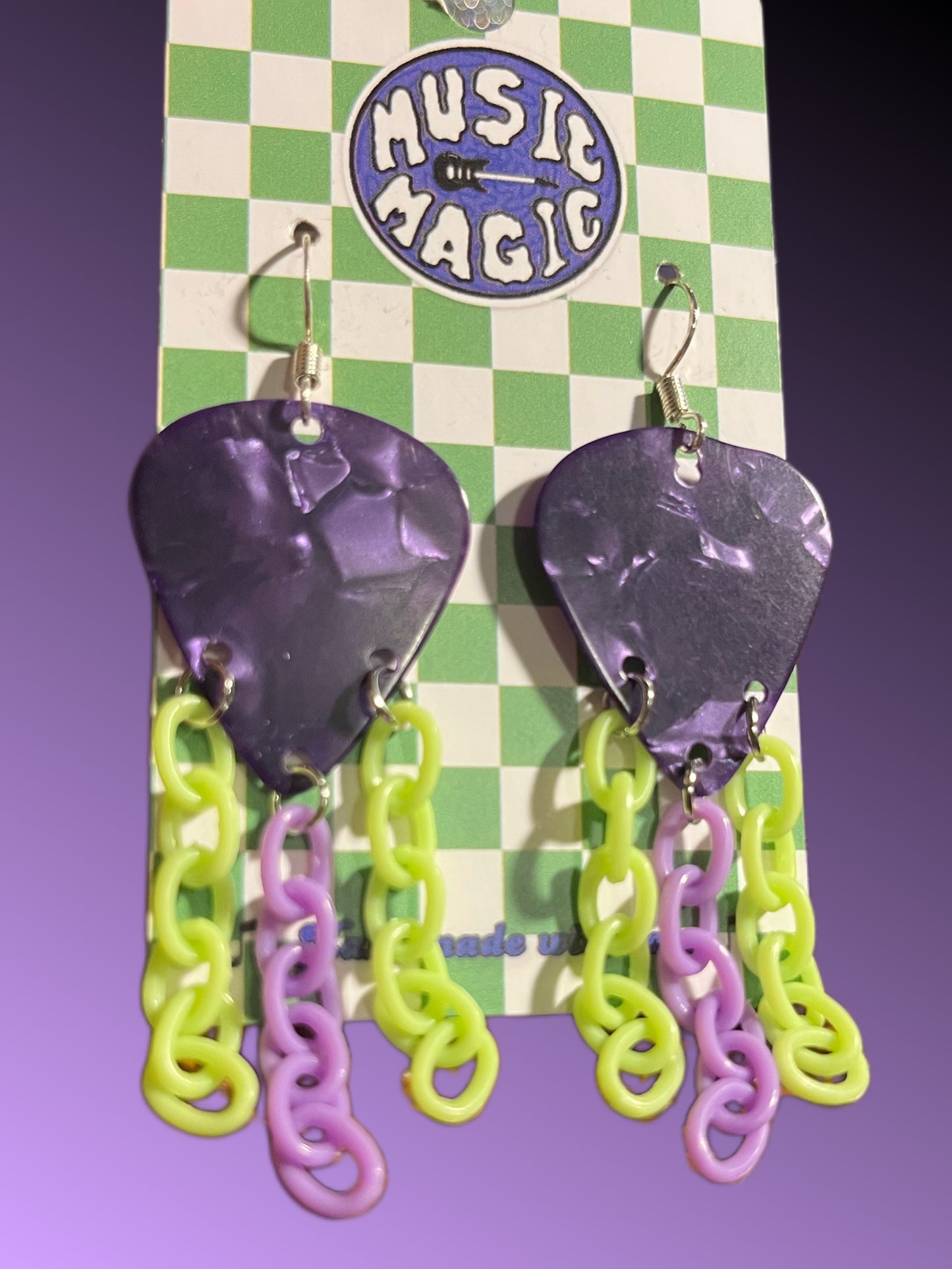 Purple Guitar Pick and Chain Earrings