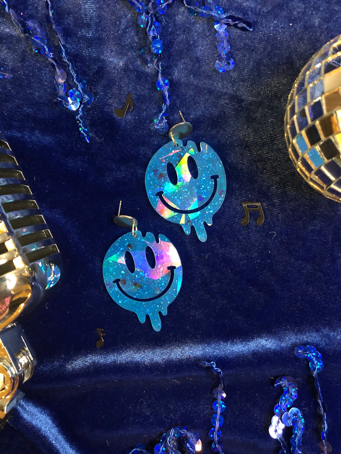 Blue Holographic Drippy Smiley Face Earrings