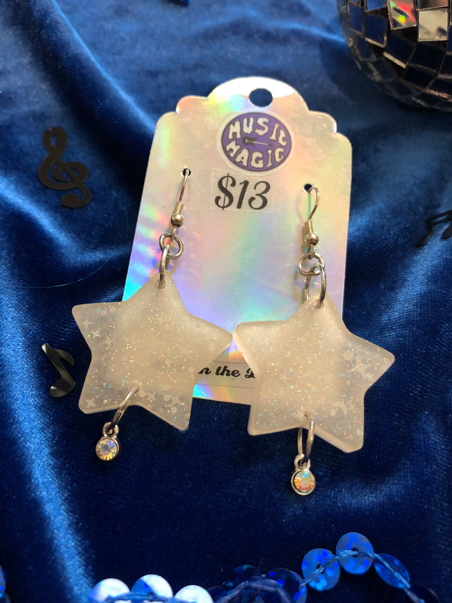 Semi-opaque White Star and Gem Earrings