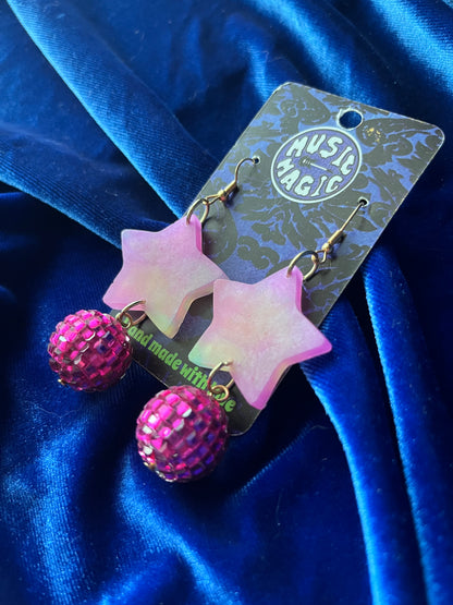 Star Disco Dangle Earrings - Hot Pink