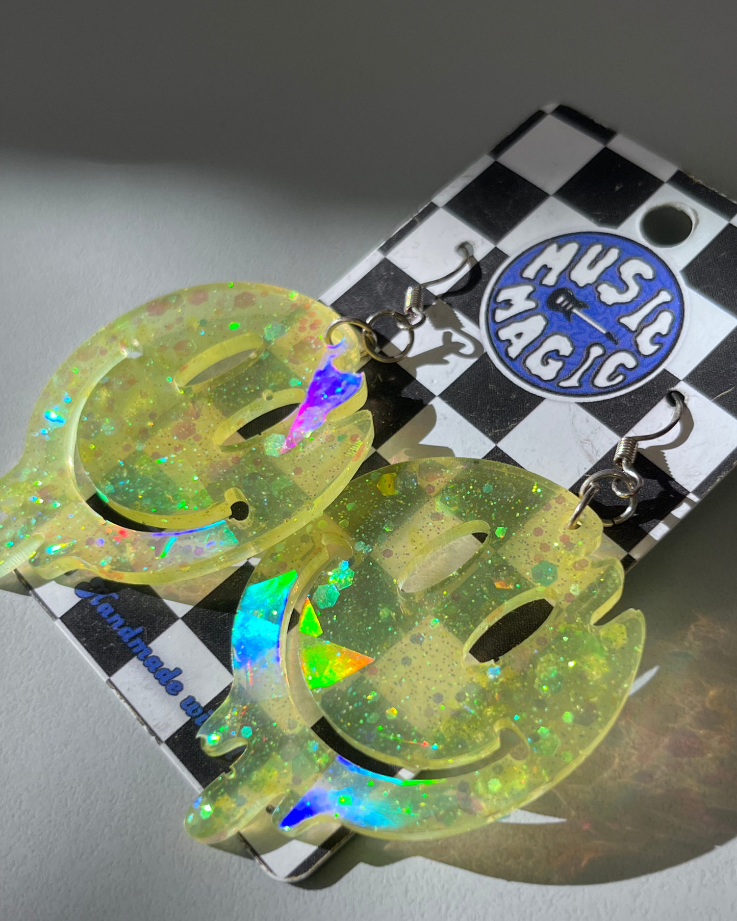 Drippy Smiley Earrings - Yellow Holographic