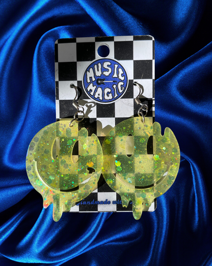 Drippy Smiley Earrings - Yellow Holographic