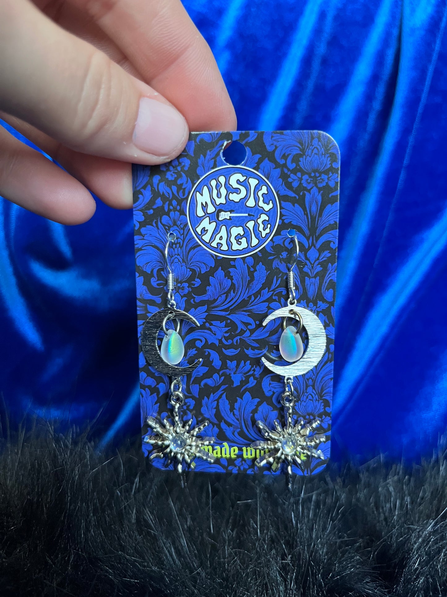 Moon and Starburst Dangle Earrings - Silver