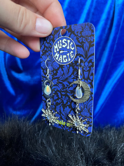 Moon and Starburst Dangle Earrings - Silver