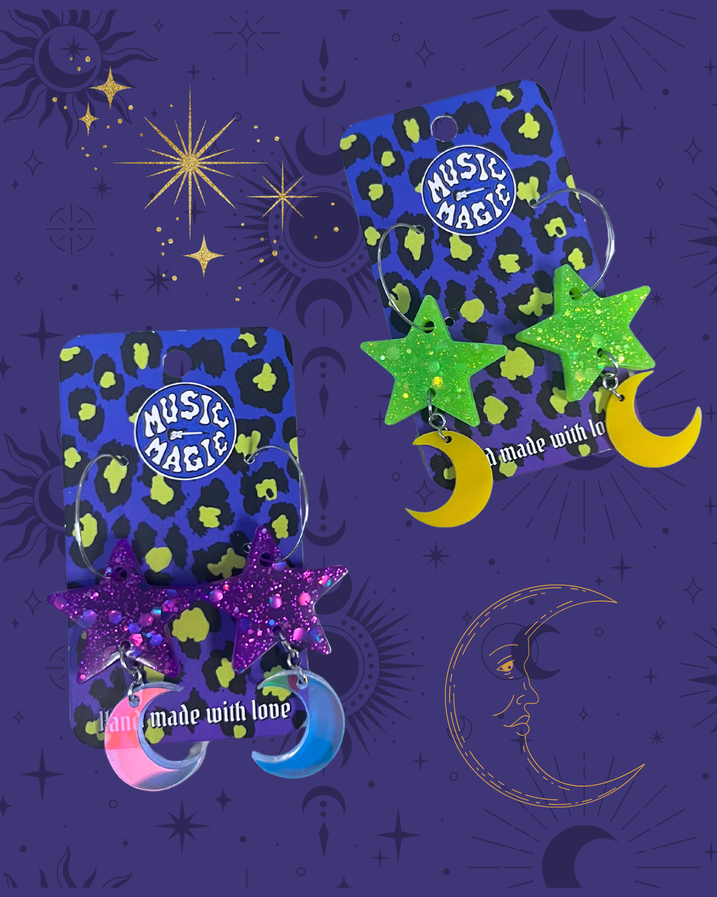 Star and Moon Glitter Resin Earrings