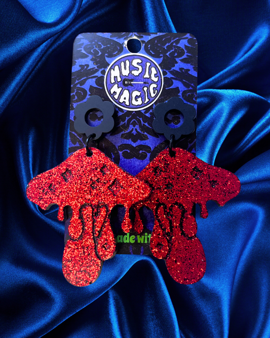 Drippy Mushroom Earrings - Glitter Red