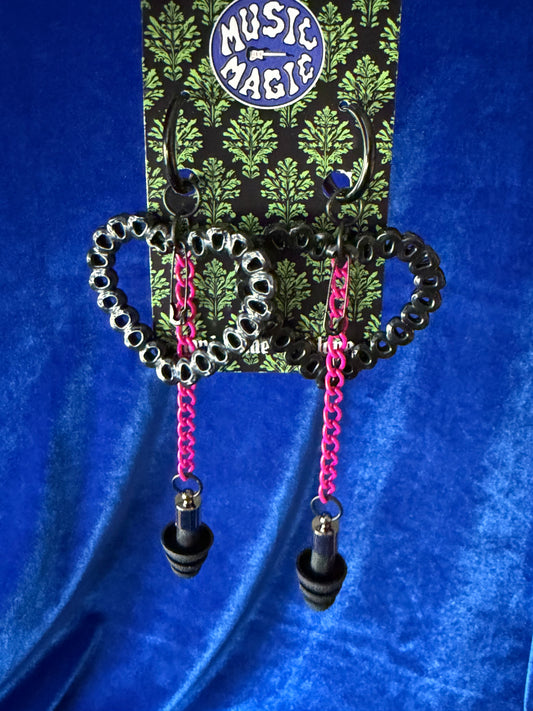 Ear Plug Earrings - Black Hearts, Pink Chain, Safety Pin