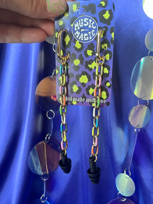 Ear Plug Earrings - Gold Long Hoop Rainbow Chain