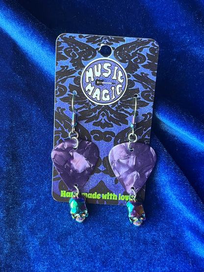 Purple Skull Guitar Pick Earrings