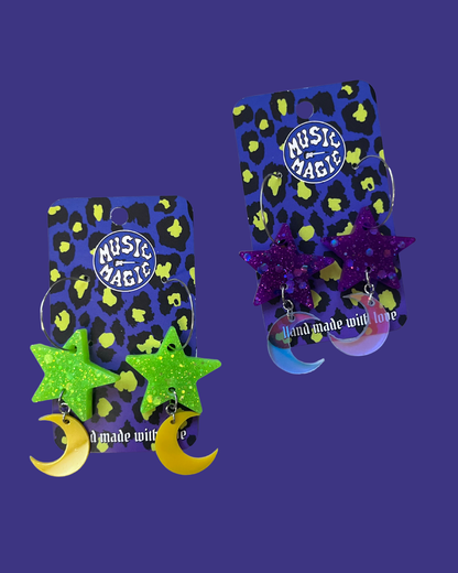 Star and Moon Glitter Resin Earrings