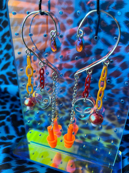 Ear Plug Ear Cuff Set - Orange Alien Shrooms