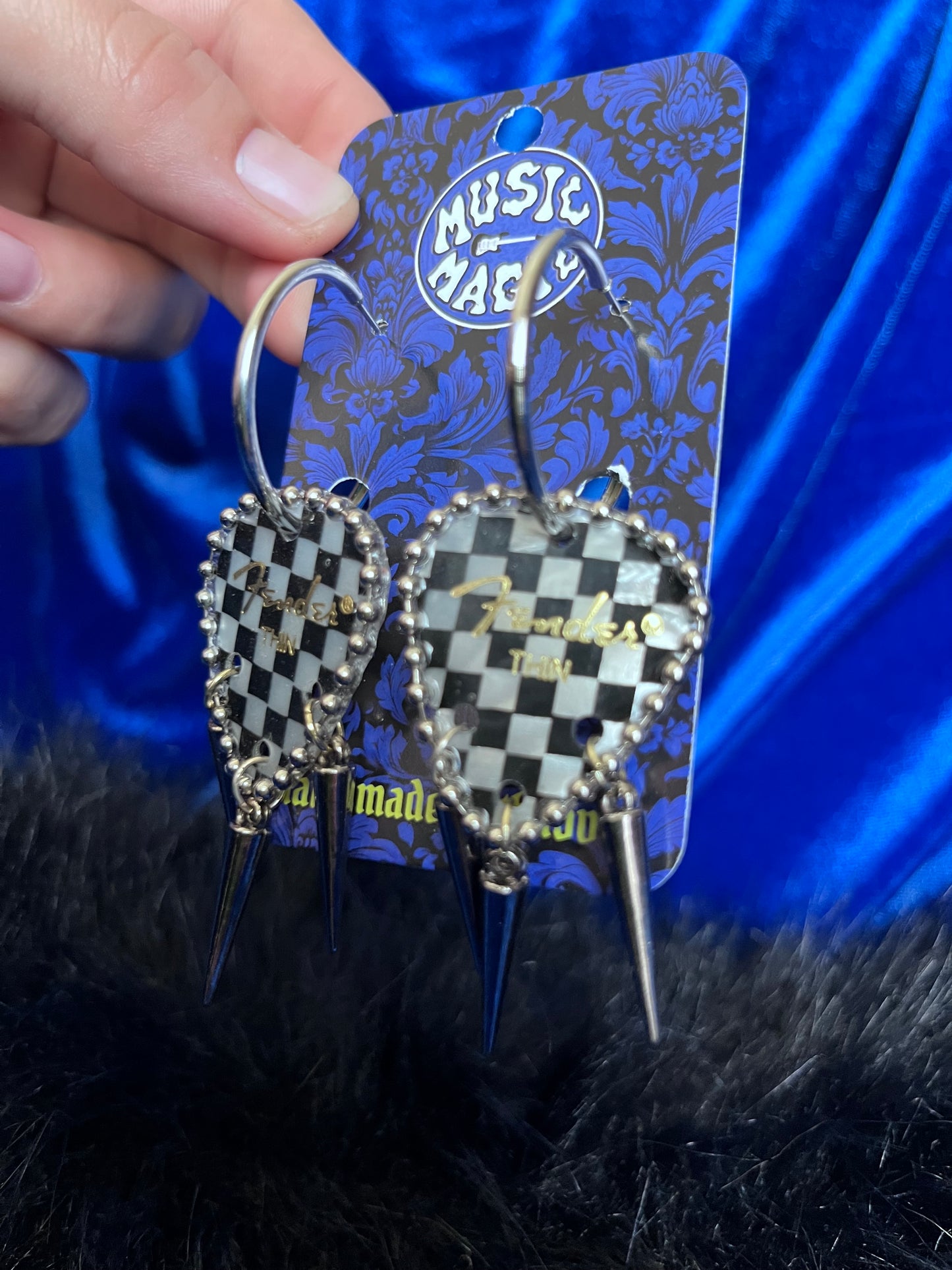 Checker Guitar Pick Spike Hoop Earrings