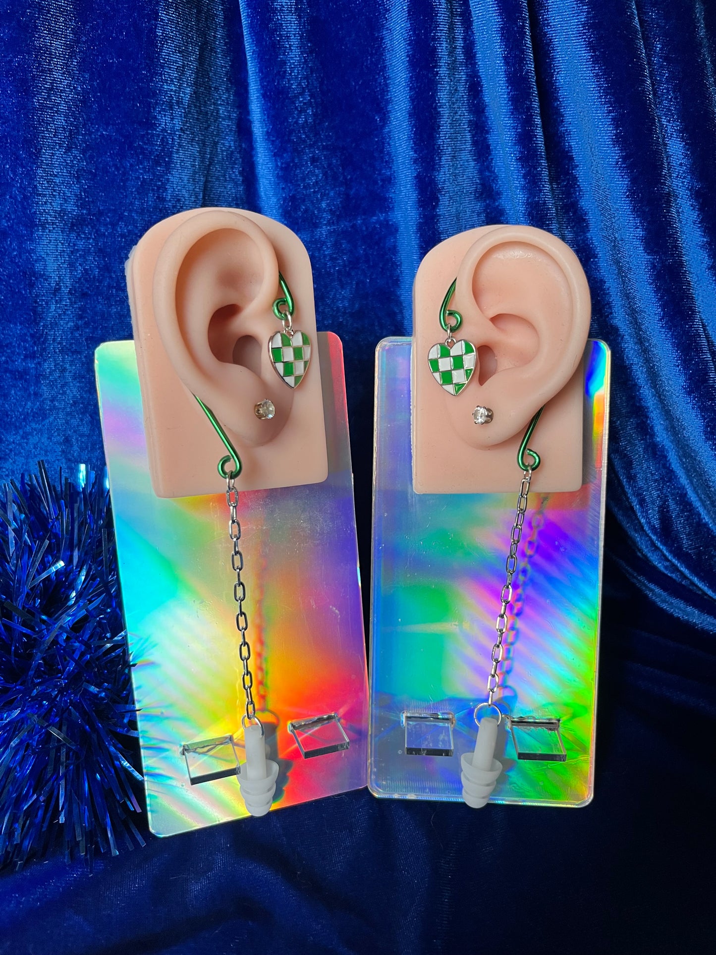 Green Ear Plug Ear Cuff Set - Checker Heart
