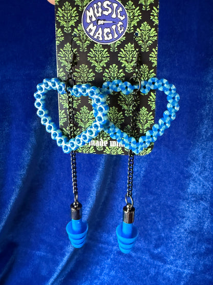 Ear Plug Earrings - Blue Heart with Gunmetal Chain