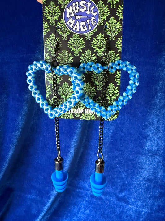 Ear Plug Earrings - Blue Heart with Gunmetal Chain