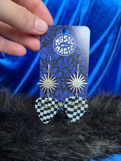 Checker Guitar Pick Starburst Earrings - Silver