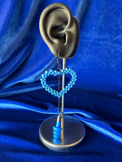 Ear Plug Earrings - Blue Heart with Gunmetal Chain
