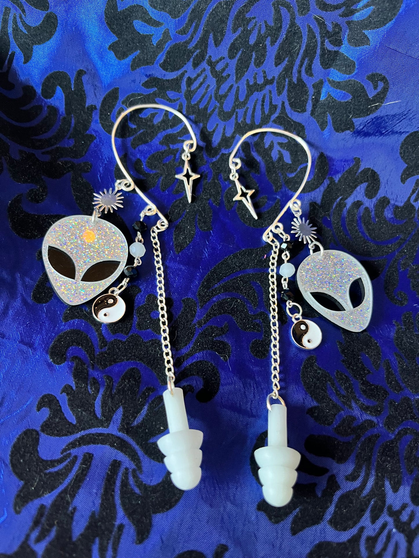 Ear Plug Ear Cuff Set - Black and Silver Alien