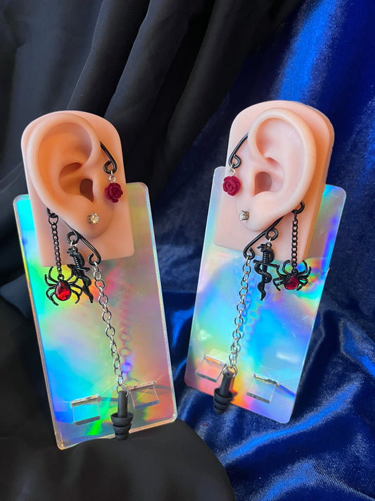 Ear Plug Ear Cuff Set - Goth Spider