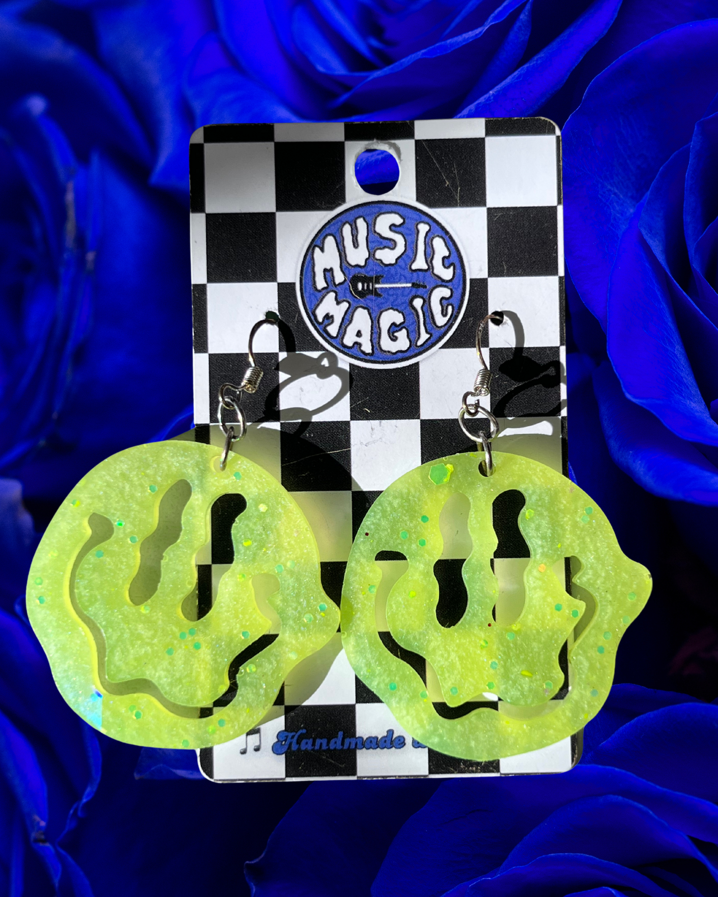 Wiggly Smiley Earrings - Neon Yellow Holographic