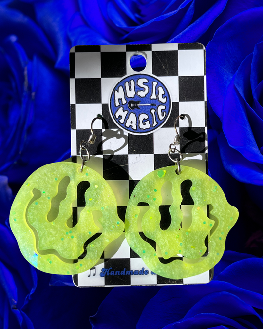 Wiggly Smiley Earrings - Neon Yellow Holographic