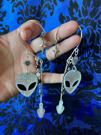 Ear Plug Ear Cuff Set - Black and Silver Alien