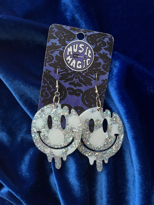 Drippy Smiley Face Earrings- Silver Cow Print