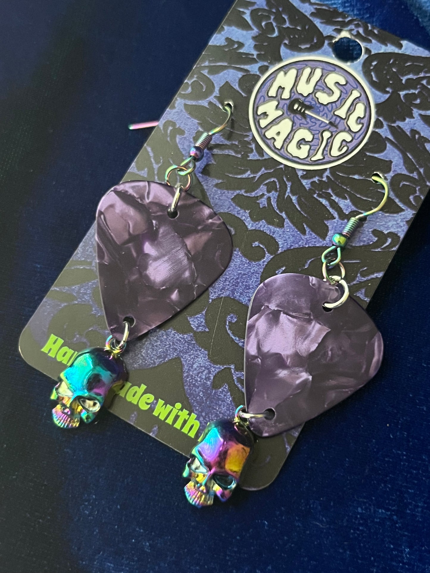 Purple Skull Guitar Pick Earrings