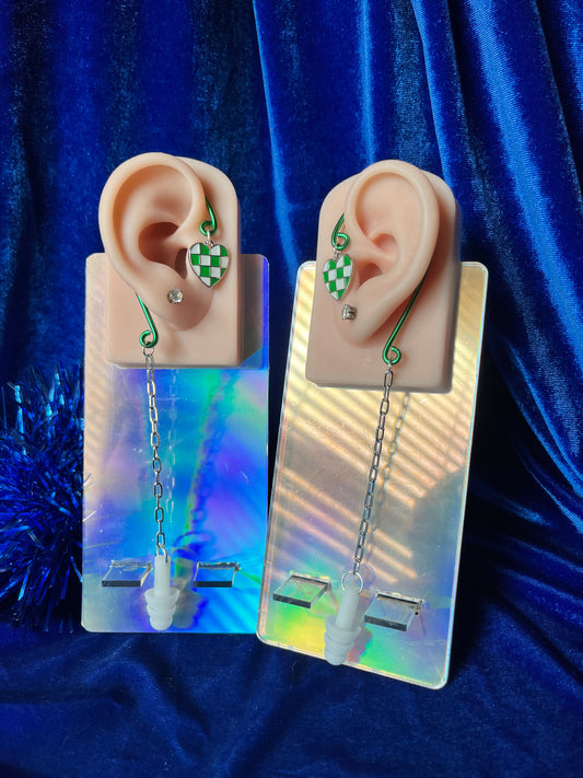 Green Ear Plug Ear Cuff Set - Checker Heart