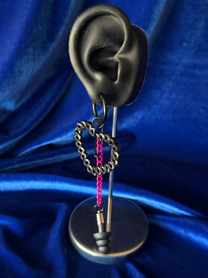 Ear Plug Earrings - Black Hearts, Pink Chain, Safety Pin