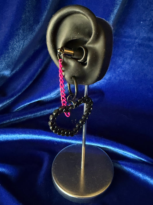 Ear Plug Earrings - Black Hearts, Pink Chain, Safety Pin