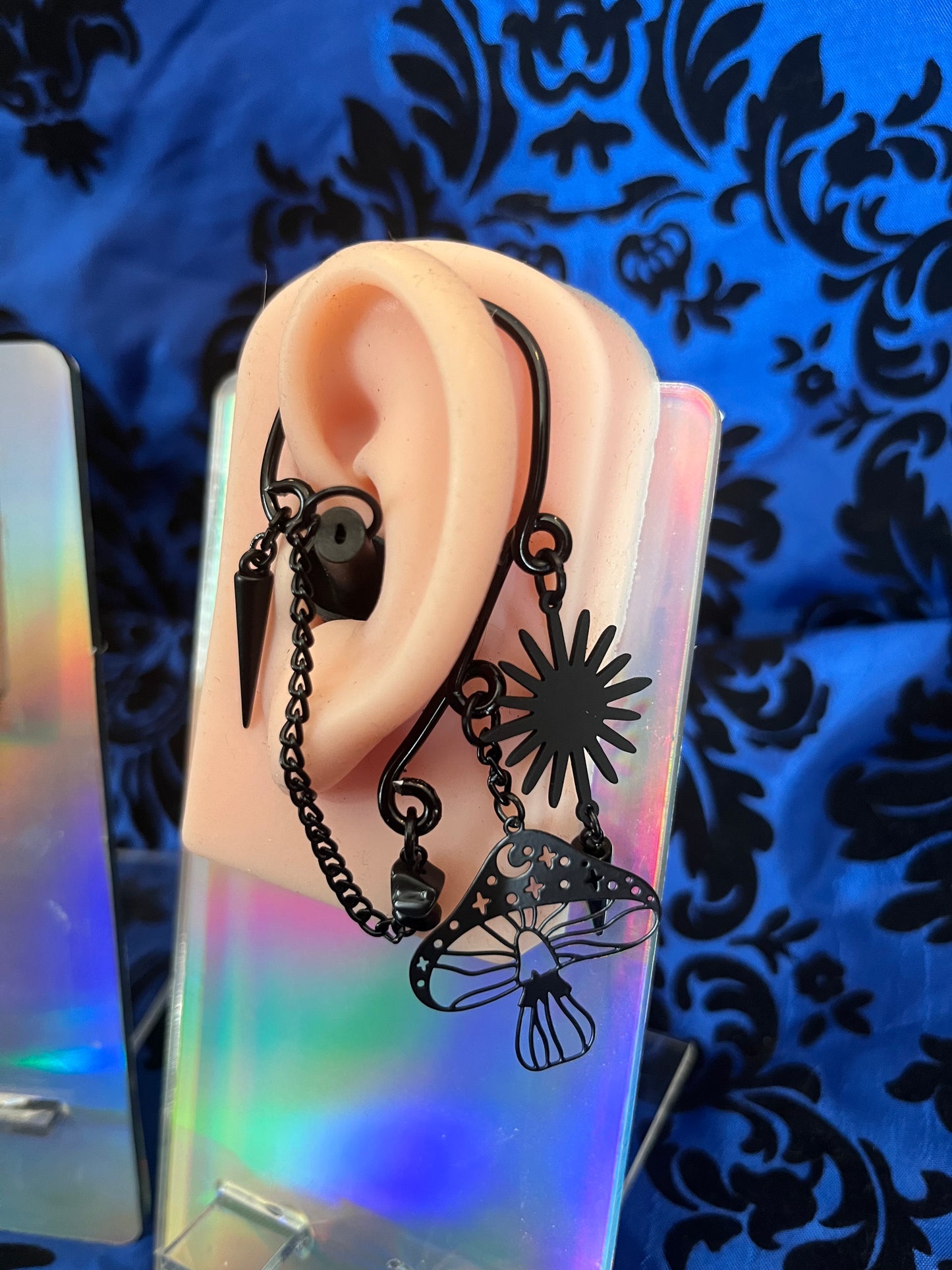 Ear Plug Ear Cuff Set - All Black with Mushrooms