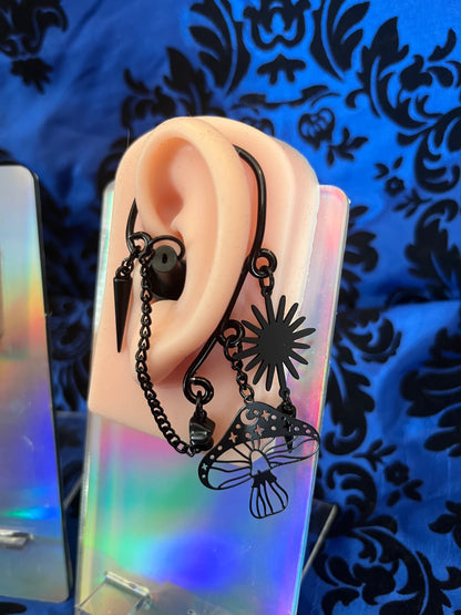 Ear Plug Ear Cuff Set - All Black with Mushrooms