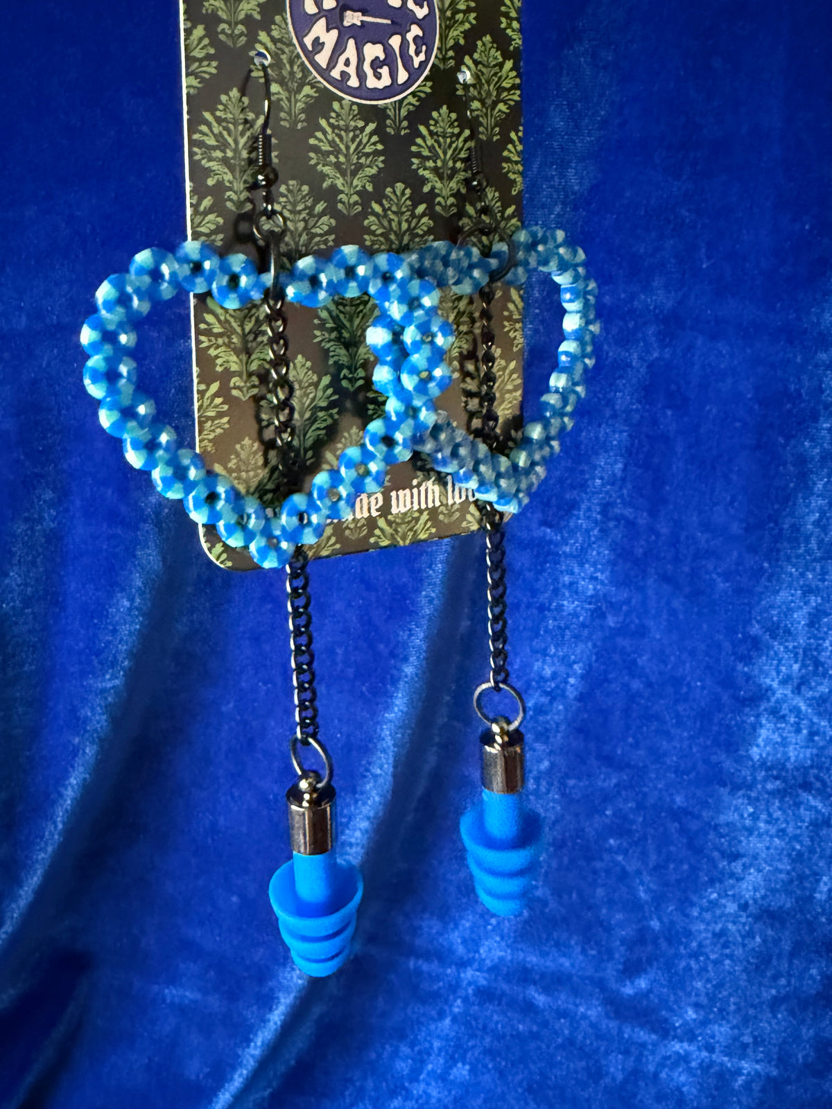 Ear Plug Earrings - Blue Heart with Gunmetal Chain