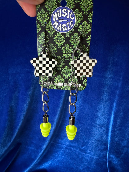 Ear Plug Earrings - Checker Star Lime Ear Plugs
